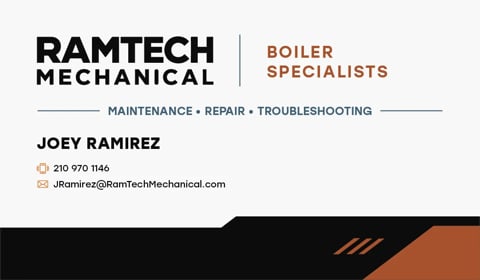 RamTech Mechanical boiler specialists business card for Joey Ramirez with contact information