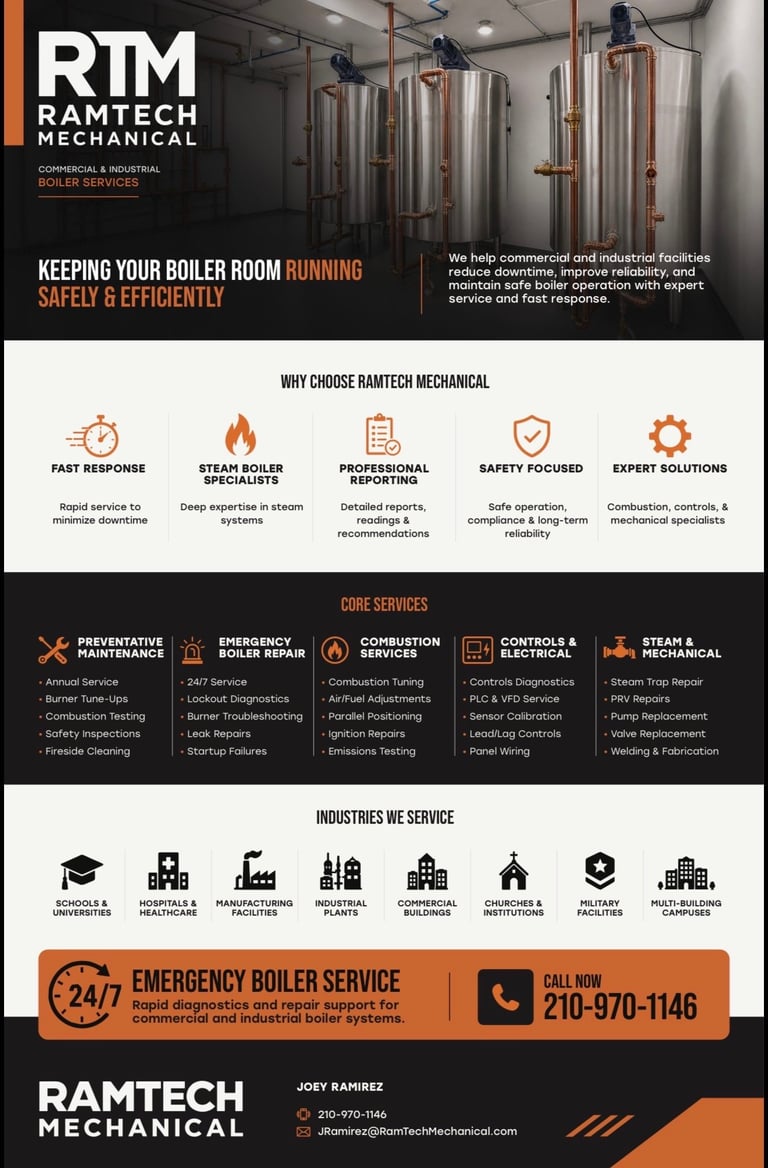 Ramtech Mechanical commercial boiler services flyer showcasing preventative maintenance, emergency repair, and steam boiler expertise with contact information