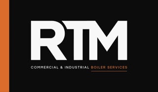 RTM logo for commercial and industrial boiler services on black background with orange accent stripe